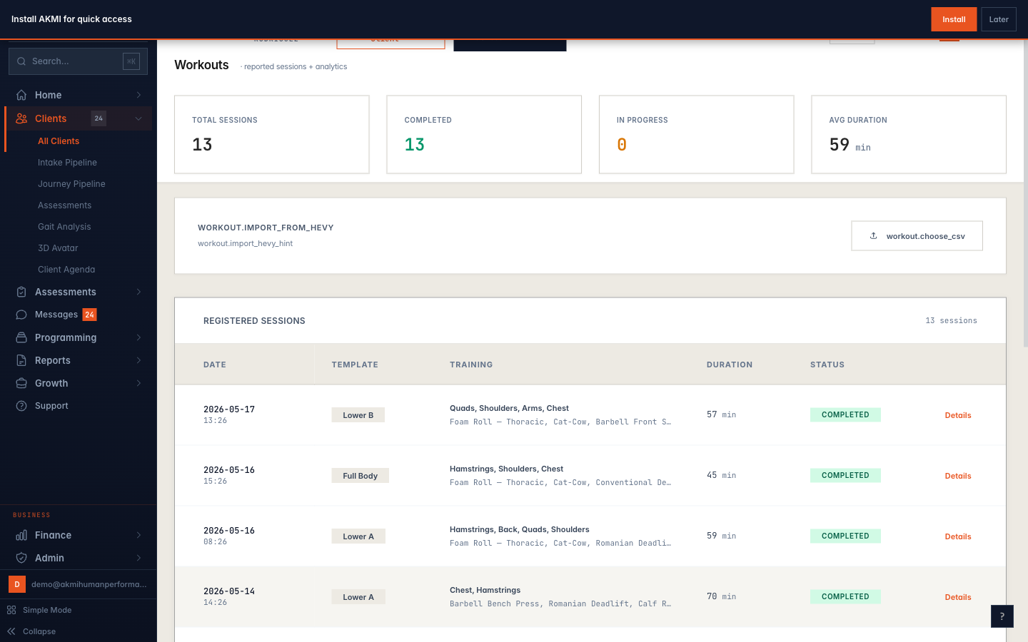 AKMI session builder with drag-drop weekly planner and 1,899 prescribable exercises